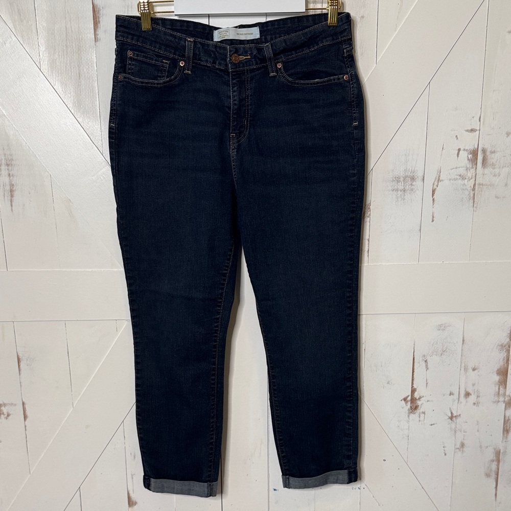 Womens Dark Wash Mid Rise Boyfriend Ankle Cigarette Jeans